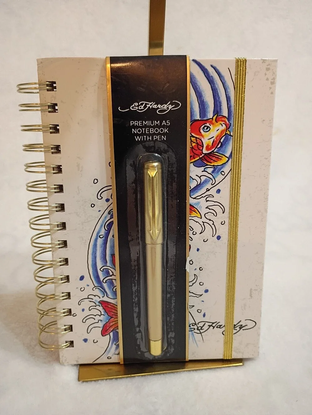 Ed Hardy Gold, Red & Blue Koi Fish Spiral Notebook with Pen